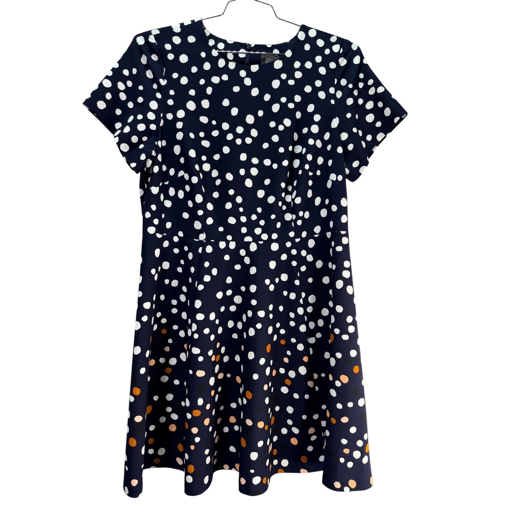 Vince Camuto Polka Dot Dress Womens 14W Navy Blue Retro Mod Fit Flare Workwear